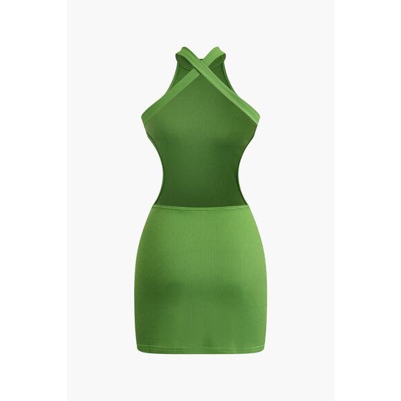 Micas Green Cross Backless Mock Neck Tank Mini Dress Stretch Casual Vacation S - Picture 5 of 7